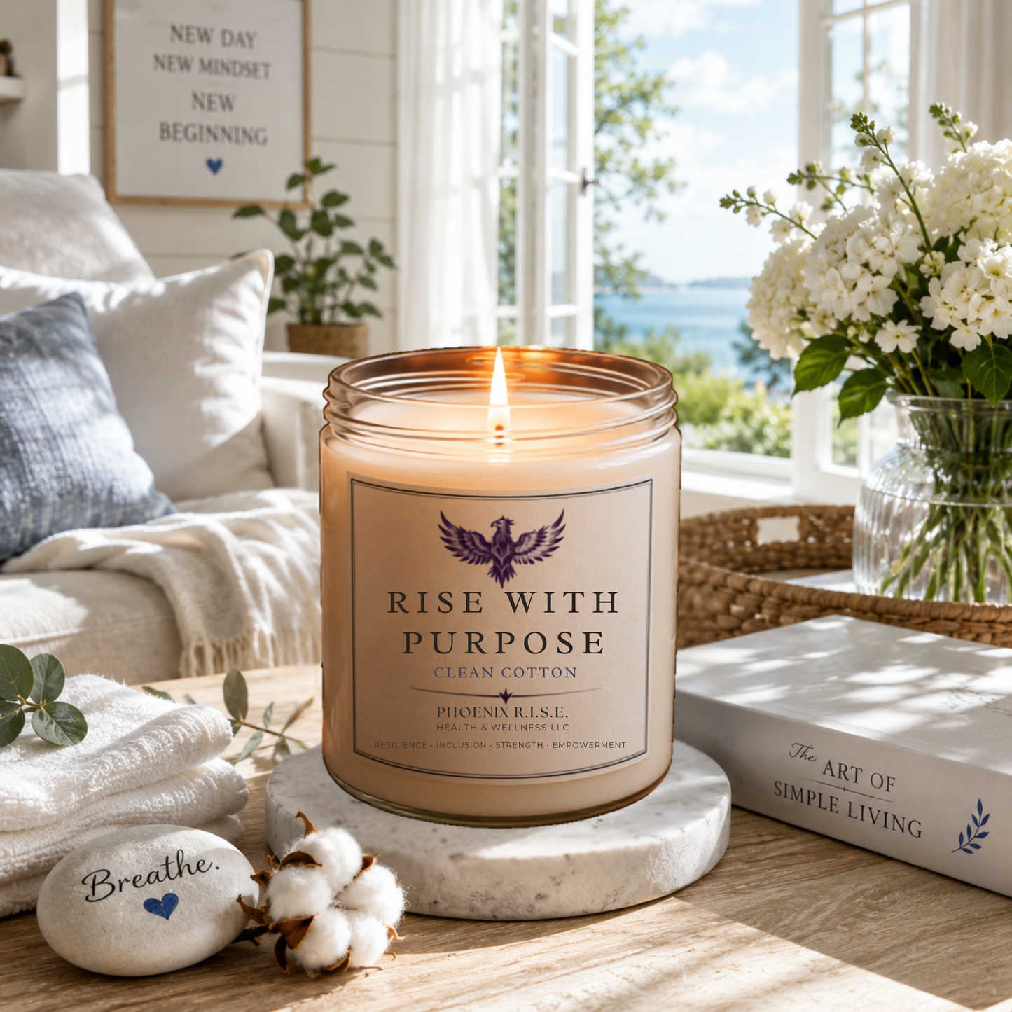 "Rise With Purpose" – Clean Cotton Scent – 9 oz | Hand-Poured Soy Candle (Glass Jar)