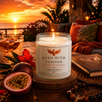 "Burn With Passion" – Peppered Passionfruit Scent– 9 oz | Hand-Poured Soy Candle (Glass Jar)